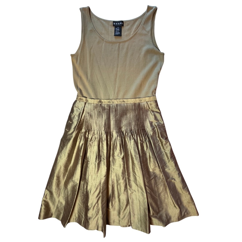 Vintage‎ Y2K Shani Dress 10 Gold Pleated Silk Skirt Cocktail Coquette McBling